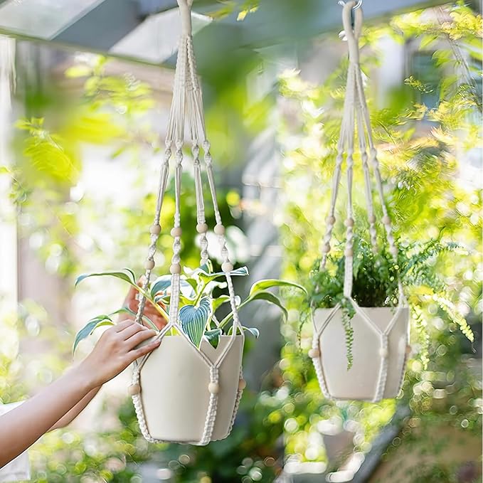 Macrame Plant Hanger Indoor Set of 4 with 8 Hooks, Indoor Outdoor Hanging Planter for Plants Holder with Decorative Wood Beads & No Tassels, Boho Home Decor, 35 Inch Ivory (Pots Not Included)