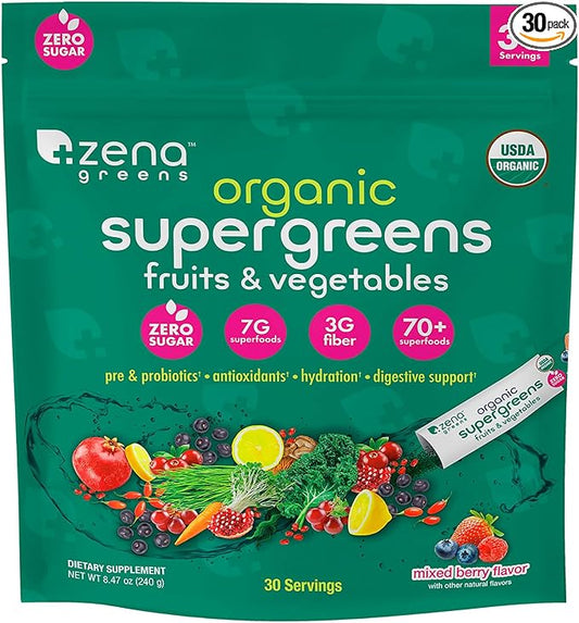 Zena Greens Organic Supergreens Powder 30 8g 8g Sticks |70+ Superfood 3G Fiber 0 Sugar