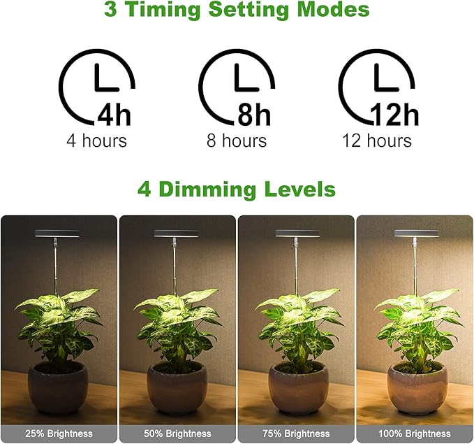 LORDEM Grow Light, Full Spectrum LED Plant Light for Indoor Plants, Height Adjustable Growing Lamp with Auto On/Off Timer 4/8/12H, 4 Dimmable Brightness, Ideal for Small Plants, 2 Packs