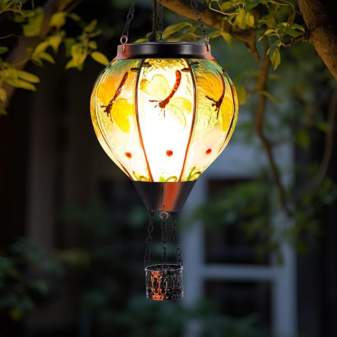Dragonfly Solar Hot Air Balloon Lantern with Flame, Glass Hot Air Balloon Solar Lantern Outdoor Waterproof, Decorative Hanging Hot Air Balloon Solar Light for Outside Garden Patio Yard