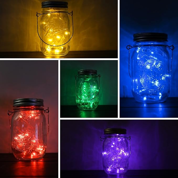 Solar Mason Jar Lid Lights, 10 Pack 30 LED Waterproof Firefly Fairy Lights with Hangers(No Jars), Outdoor Starry String Lights for Patio Yard Garden Wedding Lantern Decor (Mixed Color)