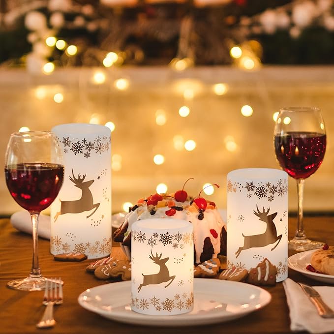 KunSween Christmas Flameless Candles with 6H Timer, 3 Pack LED Flickering Candles with Gold Deer Decals and Real Wax, Christmas Winter Decorations for Home Indoor Table Centerpieces