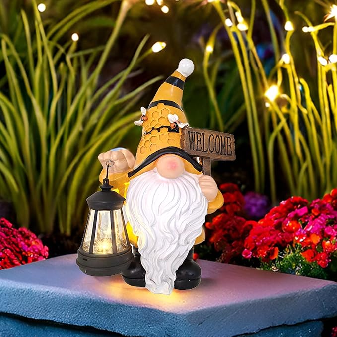 Gnome Garden Statues with Solar Lights Outdoor Gnomes Sculpture Yard Patio Decor for Lawn Ornaments Gardening Gifts（Bee Gnome