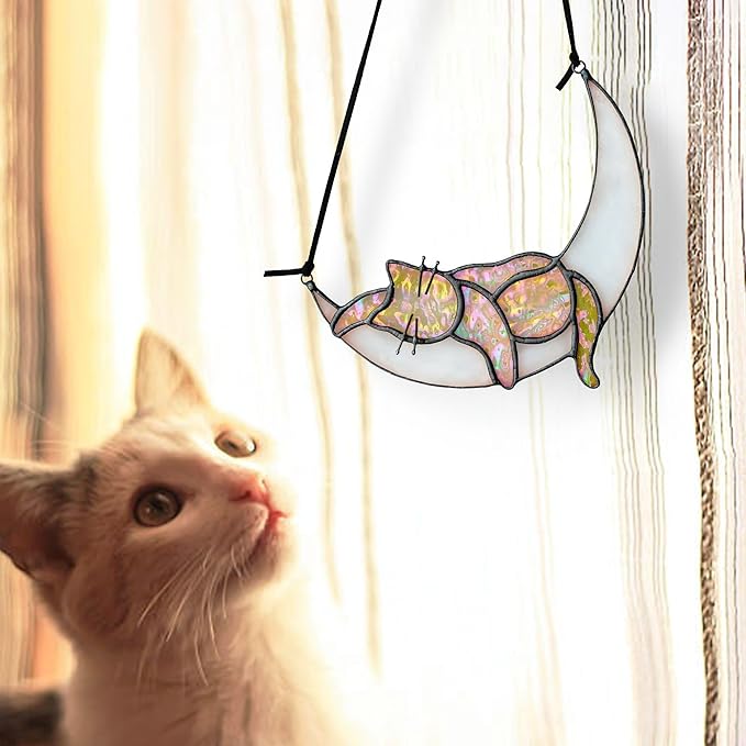 HDCRYSTALGIFTS Orange Cat On Moon Stained Glass Window Hangings,Tabby Cat Decoration suncatcher Hanging Ornament Gift for Mom,Cat Memorial Gifts for Cat Lovers, Pet Loss Sympathy Gift