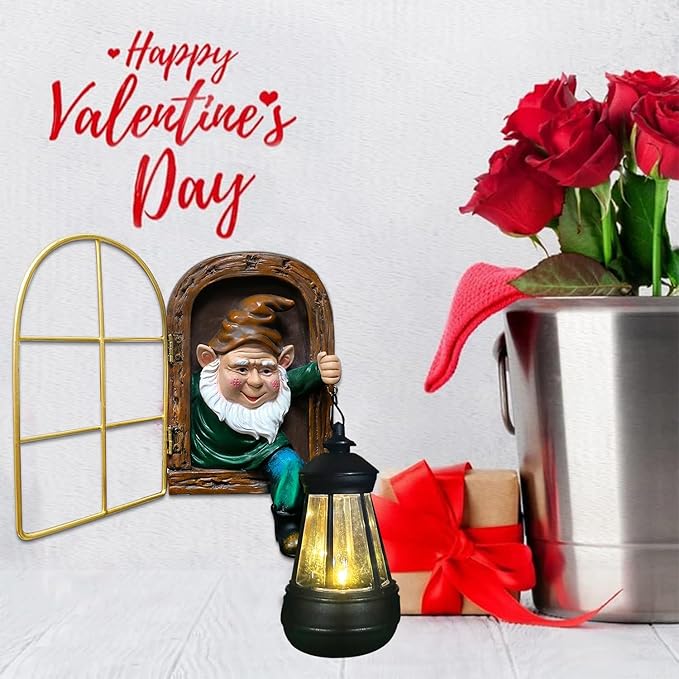 Fairy Garden Statues Gnomes Solar Lantern - Whimsical Elf Out The Door Tree Hugger Figurines Fence Wall Yard Art Home Decor Outdoor Tree Face Sculpture, Ideal Birthday Housewarming Decorations Gifts