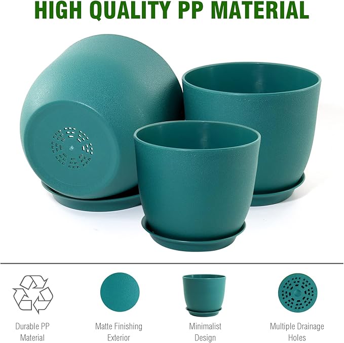 9/8/7.5 inch Flower Pots, 3 Pack Modern Plastic Planters with Drainage Holes and Trays for House Plants, Plant Pots for Indoor Outdoor Plants, Blue Green