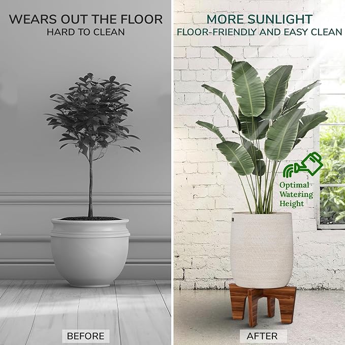 Plant Stands Indoor , Acacia Wood Boho Mid-Century Plant Holder, Modern Minimalist Wooden Pedestal Stand, Fits Up To 12” & 6.5” Pots (2-Pack M&S Size, Pots Not Included)