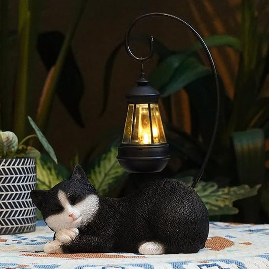 Garden Statue Solar Cat Figurine with Solar Lantern, 13" Tall Cat Statue Resin Kitten Yard Art, Cat Statues Outdoor Statue Decoration for Whimsical Lawn, Porch, Balcony, Housewarming Gifts for Mom