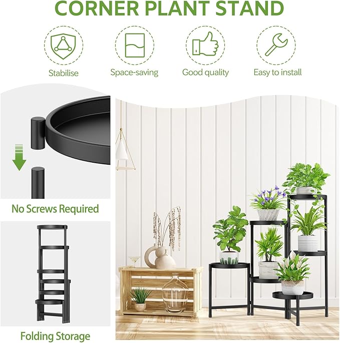 iDavosic.ly 6 Tier Large Plant Stand Indoor with 10 Inch Wide Tray, Tiered Corner Metal Outdoor Flower Display Holder Shelf, Folding Tall Rack for Patio Porch Living Room, Modern Black
