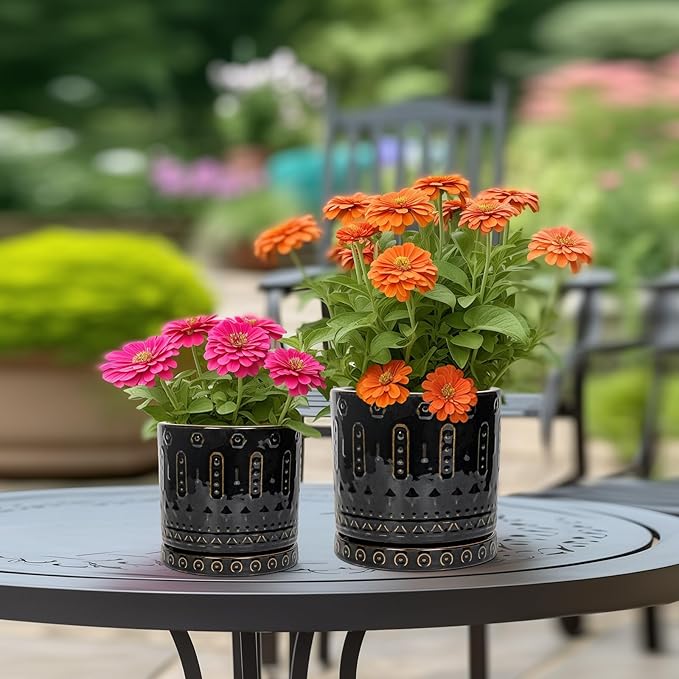 Ceramic Plant Pots - 6 Inch Ceramic Planter for Indoor Outdoor, Round Flower Pots with Drainage Hole and Plant Saucer, Boho Decorative Small Planter, House Decor, Gifts for Gardeners, Black