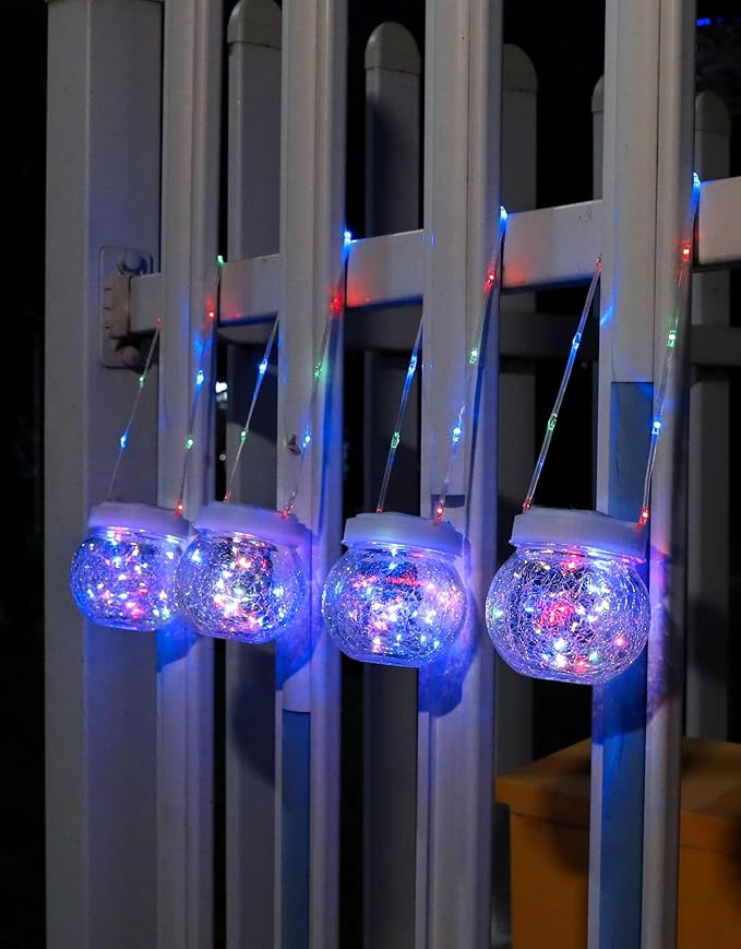 Solar Lantern Solar Lights Outdoor Waterproof 2-Pack, Solar Powered Hanging Lights Cracked Glass Hanging Globes for Christmas Decoration, Shepherd Hook, Garden Tree Ornaments,White Cap, Multi-Color