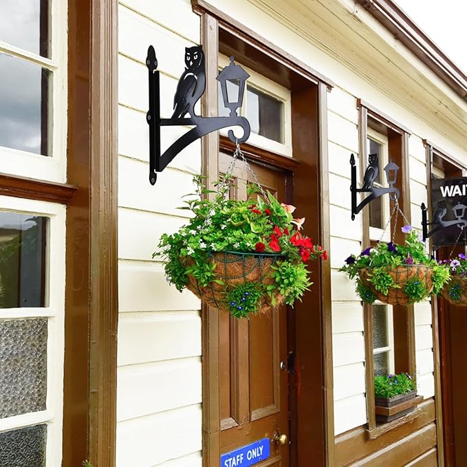 Iron Plant Hangers Outdoor, Metal Plant Hooks for Hanging Baskets, Bird Feeders, Lanterns, Flower Pots, Wall Mount Hanging Plant Holder (Owl & Street Light)