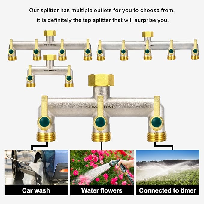 Heavy Duty Brass Garden Hose Splitter, 2-Way Faucet Splitter with 2 Extended Metal Handles, Outdoor Hose Splitter, GHT 3/4-Inch Heavy Duty Hex Female Inlet and 3/4-Inch Male Outlet, Nickel Plated