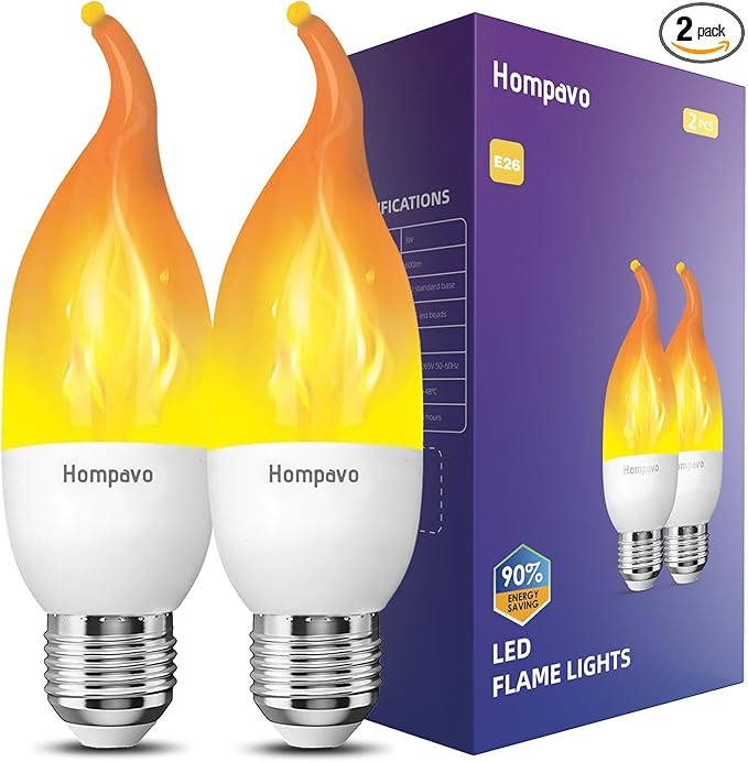 Hompavo Upgraded LED Flame Light Bulbs, 3 Modes Flickering Light Bulbs, E26 Chandelier Base Candle Fire Light Bulb for Halloween Christmas Party Porch Indoor & Outdoor Home Decoration - 2 Pack