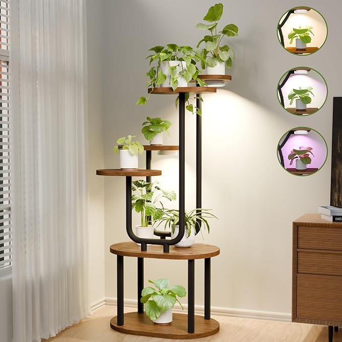 Plant Stand Indoor with Grow Lights, 6 Tier 38.6″ Tall Metal Plant Shelf for Multiple Plants, Plants Shelves Corner Flower Holder, Double U-Shape Plant Rack for Home, Living Room, Patio, Bedroom