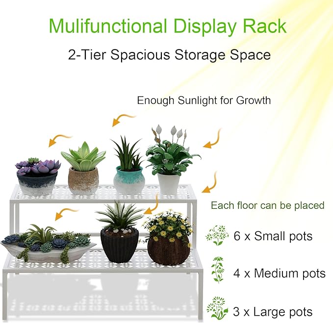 aboxoo Metal Plant Stand Metal 2 Tier Potted Multiple Flower Pot Holder Plant Shelf Indoor Plants Multiple,Outdoor Heavy Duty Planter Display Shelving Unit for Patio Garden Corner Balcony,Living Room(White)