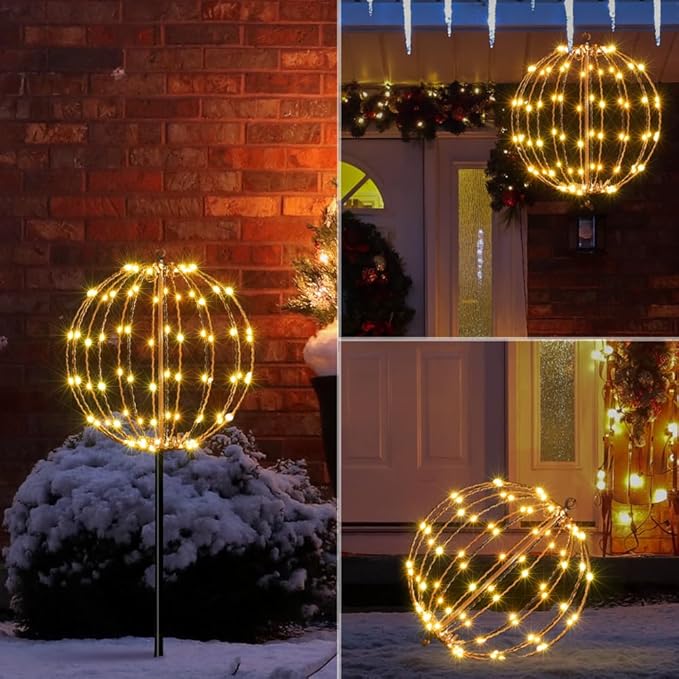 LIGHTSHARE 12IN 96LED Light Ball Light Garden Yard Decoration Pathway Lights Sphere Light with Fold Flat Metal Frame Indoor Outdoor Waterproof, Plug in