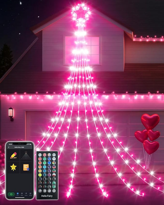 Smart Outdoor Waterfall Lights for Valentines Day, 11.8FT App & Remote Controlled Yard Light, Customizable LED Colors Music Sync, 58+ Dynamic Modes Weatherproof String Lights for Romantic Room Decor