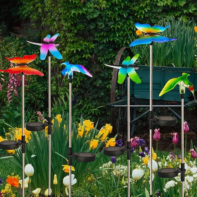 EiGreen 6 Pack Solar Garden Stake Lights Outdoor, Yard Figurine Stake Light, Flower Hummingbird Dragonfly Butterfly for Patio Yard Pathway Decoration (Garden)