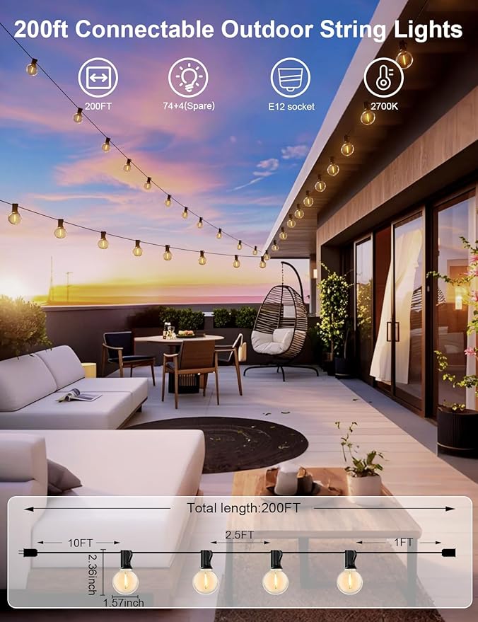 RTTY Outdoor String Lights 200 FT Globe LED Patio Lights with G40 Plastic Bulbs,Waterproof Shatterproof Dimmable Connectable Hanging for Backyard Porch Balcony Party Cafe Deck Decor
