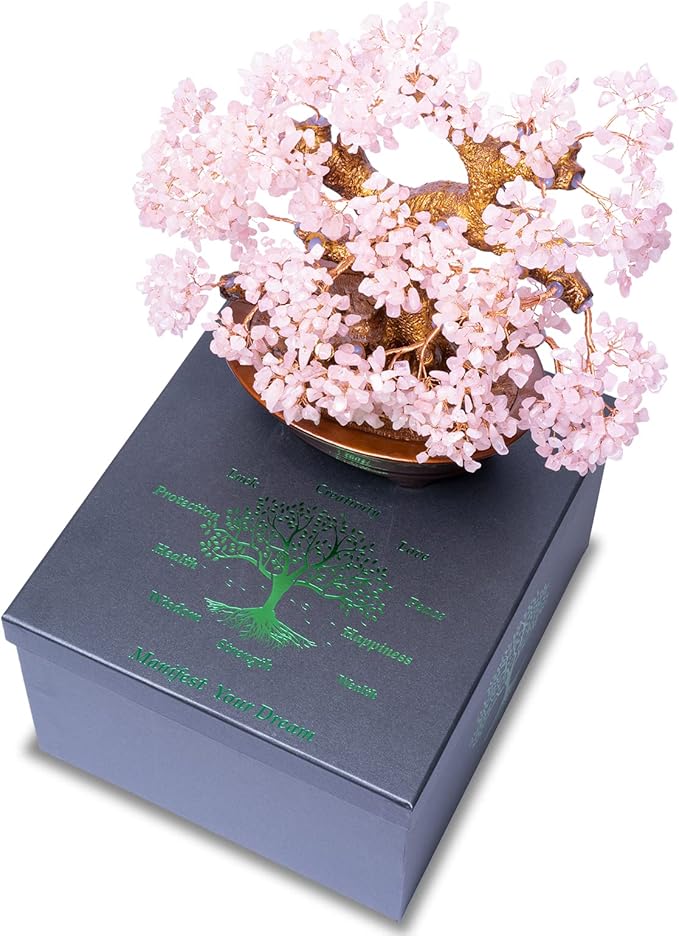 Natural Rose Quartz Tree Large,14" Chakra Crystal Tree(1,251 Gemstone Count) w/Lucky Coins Chain Healing Properties - Bonsai Feng Shui Money Tree for Love Self Care Home Office Decoration