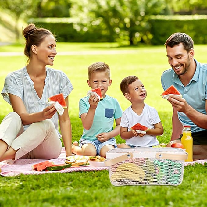 Portable Mesh Harvest Basket - Natural Bamboo Handle Foldable Organizer for Kitchen, Garden & Picnic | Ventilated Storage Bin with Rust-Proof Wire, Space-Saving Farmhouse Decor (White)