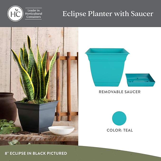 The HC Companies 8 Inch Eclipse Square Planter with Saucer – Indoor Outdoor Plant Pot for Flowers Vegetables Herbs, Teal (Pack of 4)