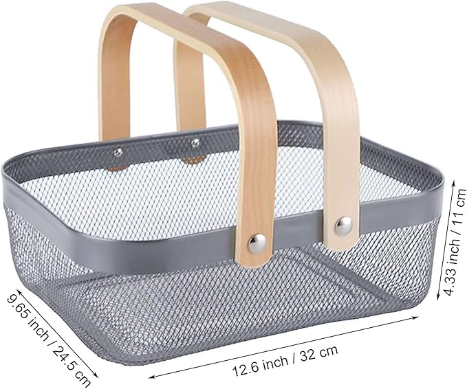 Metal Mesh Steel Basket, Storage Organizer Basket Garden Harvest Basket Multi-functional Kitchen Fruit Baskets Bin with Wooden Handle for Bathroom Picnic Shopping Decor Cabinet Home, Grey