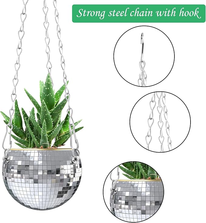 moonoom 2 Pcs Hanging Disco Ball Planter - 4Inch Sliver Disco Mirror Ball Planter with Chain - Home Boho Hanging Planter for Indoor Outdoor Plants