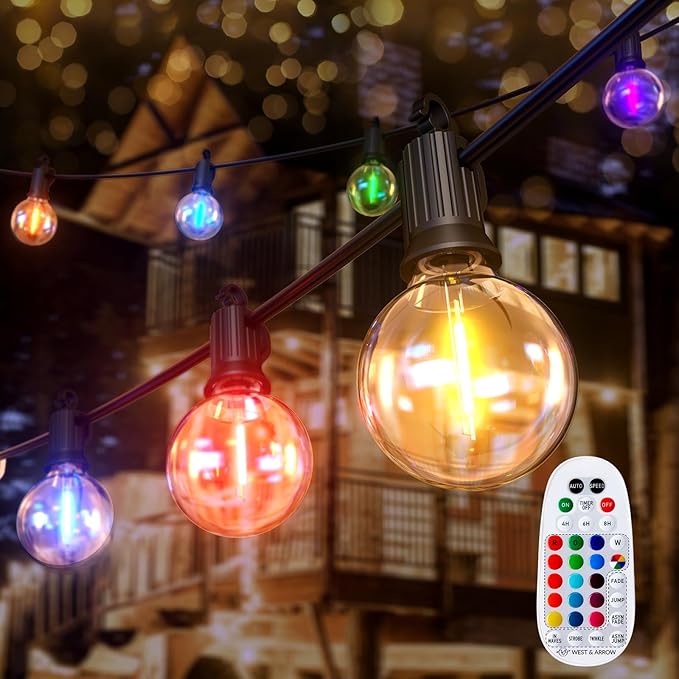 Brightown RGBW Outdoor String Lights, 25FT LED Patio Lights with Remote and Timer, Commercial Grade Waterproof Hanging Lights with 13 Shatterproof Bulbs(1 Spare) for Backyard Porch Garden Party Decor