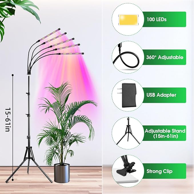 wolezek Grow Lights for Indoor Plants, Full Spectrum LED Plant Grow Light with Adjustable Stand and Sturdy Clip, 5-Heads Plant Light with Auto 6/12/16H Timer, 3 Light Modes, 5 Levels Dimmable