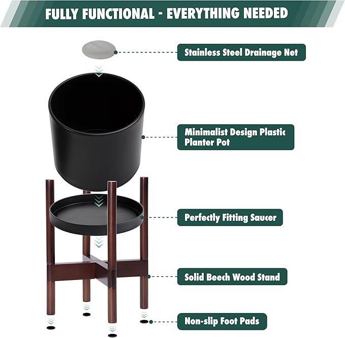 D'vine Dev Planter Pot with Stand - 12 Inch Plastic Cylinder Flower Pot with Wood Planter Holder for Indoor, Matte Black Pot + Mahogany Stand, 55-C-O-2