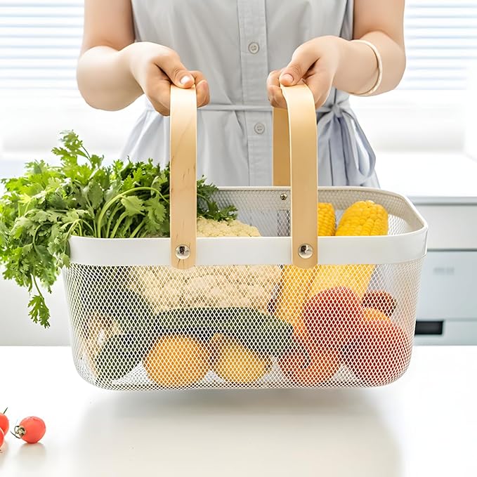 Wire Mesh Storage Organizer Basket Portable Garden Harvest Basket Fruit Basket Bin with Wood Handle Ideal for Kitchen Picnic Pantry Cabinets Storage Home Decor (Cold Gray)