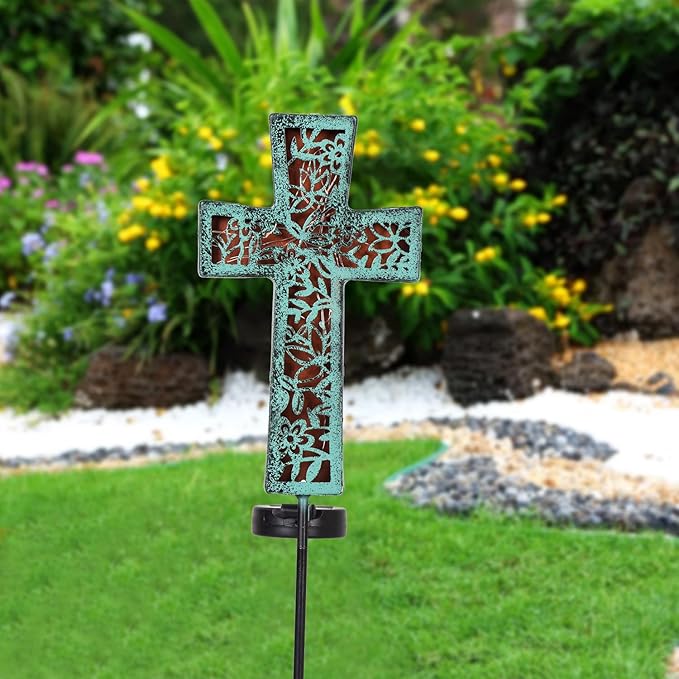 Solar Cross Garden Stake Lights 38inch Outdoor Waterproof Memorial Garden Decor 2 Lighting Modes Cemetery Decorations for Grave for Remembrance Gifts & Sympathy Gifts (Blue Cross)