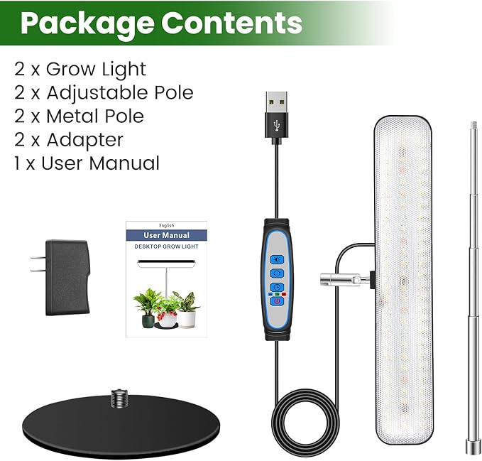 Wiaxulay Grow Lights, Full Spectrum Plant Light for Indoor Plants, Height Adjustable Desktop Grow Lamp with Auto Timer 6/12/16Hrs, 3 Lighting Modes,5 Brightness,Ideal for Indoor Plants, 2 Pack