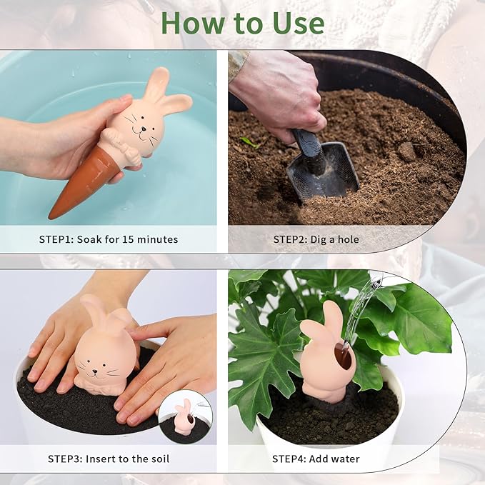 WILDKEN Terracotta Watering Globes, 4 Pack Rabbit Shaped Plant Watering Spikes Vacation Self-Watering Planters Devices for Indoor and Outdoor Plants