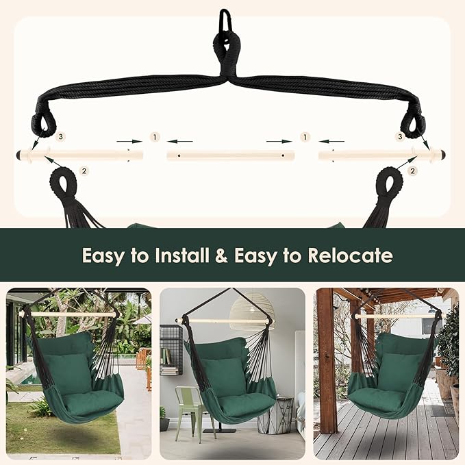 Highwild Hammock Chair Hanging Rope Swing - Max 500 Lbs - 2 Cushions Included - Steel Spreader Bar with Anti-Slip Rings - for Any Indoor or Outdoor Spaces (Green)