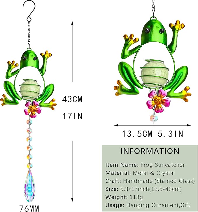 Stained Glass Metal Frog Suncatcher Crystals for Window Ornament - 17" Outdoor Fence Wall Art Decor, Rainbow Maker Hanging for Garden Yard Living Room Bedroom Patio Balcony