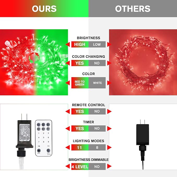 JMEXSUSS 100 LED Red & Green Christmas Lights Plug in, Christmas String Lights Indoor, 33ft Connectable Color Changing Christmas Lights Outdoor for Christmas Party Decor