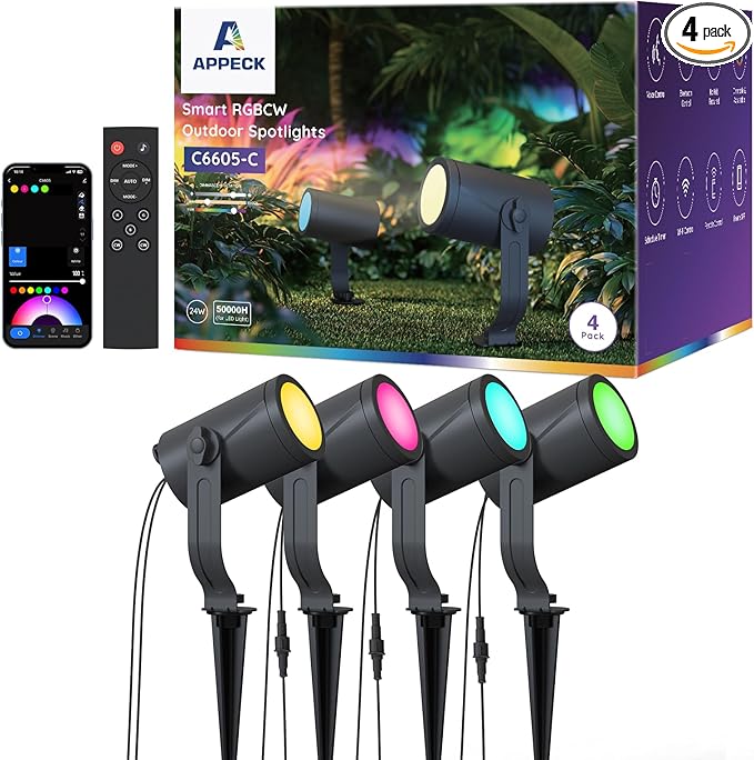 Smart Outdoor Spot Lights 24W, RGBCW Color Changing Landscape Lights 4 Pack, IP65 Waterproof Low Voltage Landscape Lighting, App/Voice/Remote Control, for Garden Yard Pathway Holiday Decor