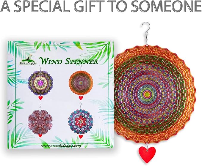 SteadyDoggie 12-Inch Wind Spinner Mandala Thangka - 3D Stainless Steel Laser Cut Metal Art - Reflective Geometric Pattern Kinetic Yard Decoration - Hanging Wind Spinners for Indoor and Outdoor Use