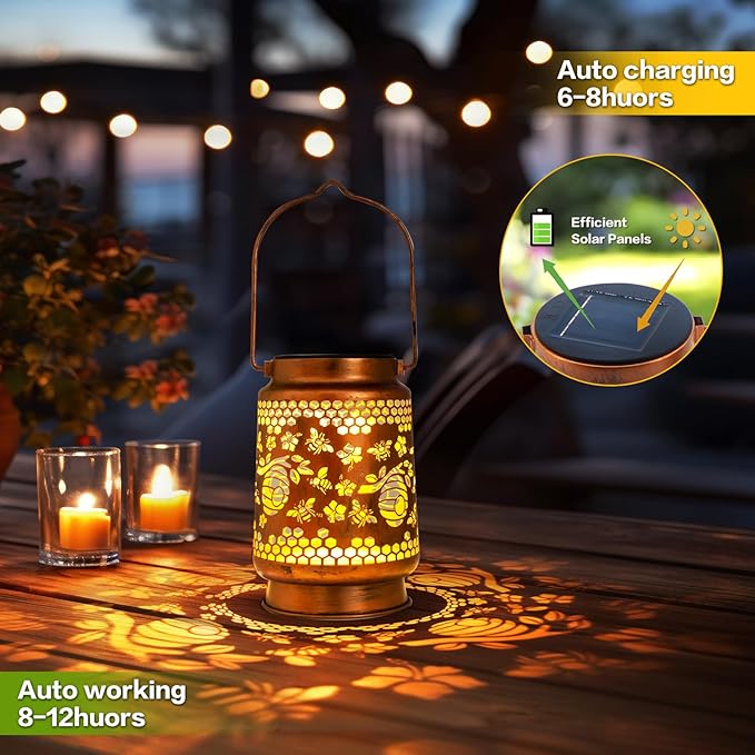 Solar Lanterns Outdoor Garden Decor, Gifts for Women, Mom, Grandma, Birthday, Thanksgiving, Decorative Waterproof Hanging Metal LED Light for Yard, Patio, Lawn, Landscape, Backyard (Bee)