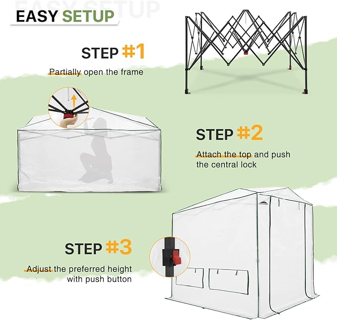 EAGLE PEAK 8x6 Portable Walk-in Greenhouse, Pop-up Indoor Outdoor Garden Green House, Zippered Doors and Windows, Heavy Duty Woven PE Top, White