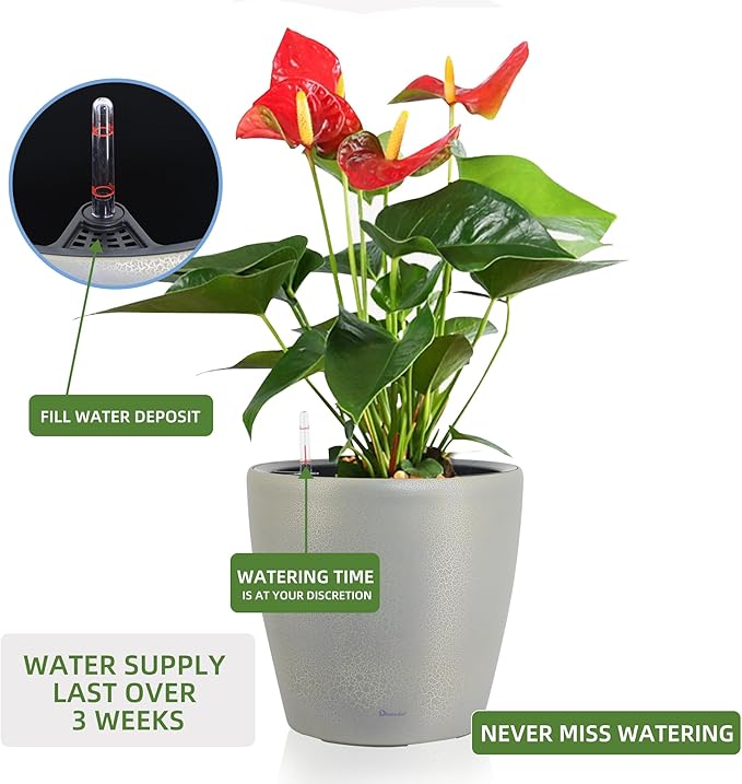 Dexceder 15x14 Self Watering Planter with Wheels Indoor Outdoor, Inner Pot Design, Thickened Large Floor Standing Flower Plant Pot with Water Level Indicator (Grey Gold Crackle)