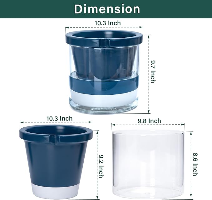 D'vine Dev 10 Inch Design Self Watering Planter for Indoor Plants, Blue Terracotta Pot with Cylinder Glass Cup, 37-X-D-4