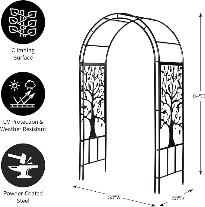 Evergreen Plow & Hearth Tree of Life Garden Arbor - 7 Feet Tall | Slim Metal Arch with Iron Trellis for Climbing Plants | Elegant Wedding Arbor | Outdoor Patio & Garden Decor