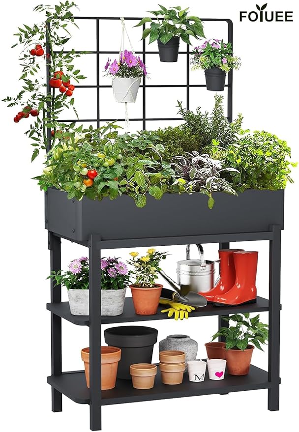 Metal Raised Garden Bed with Trellis, Elevated Planter Box with Legs for Outdoor Patio, Iron Standing Garden Box for Vegetables, Herbs, Flowers, Climbing Plants