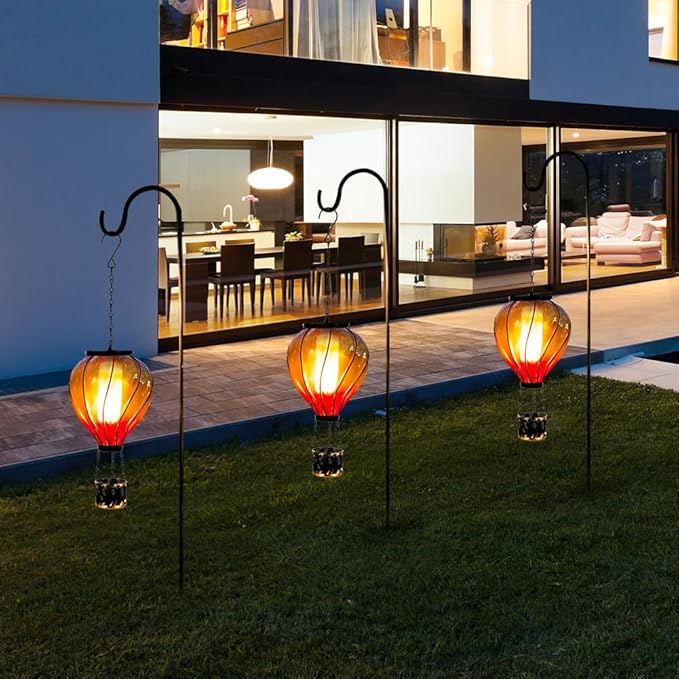 Starsoul Glass Hot Air Balloon Solar Lantern with Flickering Flame Light Colorful Solar Powered Hot Air Balloon Lamp Waterproof Hanging Solar Lantern for Garden Yard Patio Porch Decor
