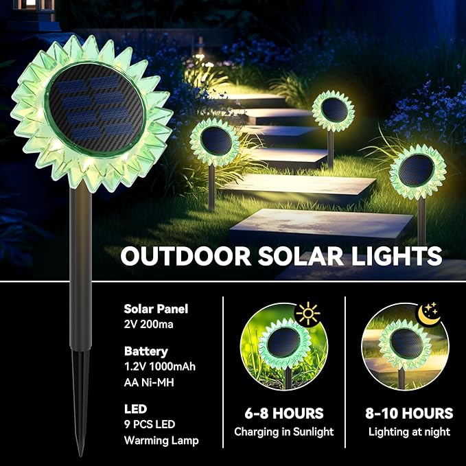 Outdoor Solar Lights, 2 Pack Led Solar Sunflower Lights, Stake/Wall 2-in-1 Waterproof Solar Garden Lights for Yard, Landscape, Fence, Patio, Driveway, Pathway, Backyard Decoration (Warm White)