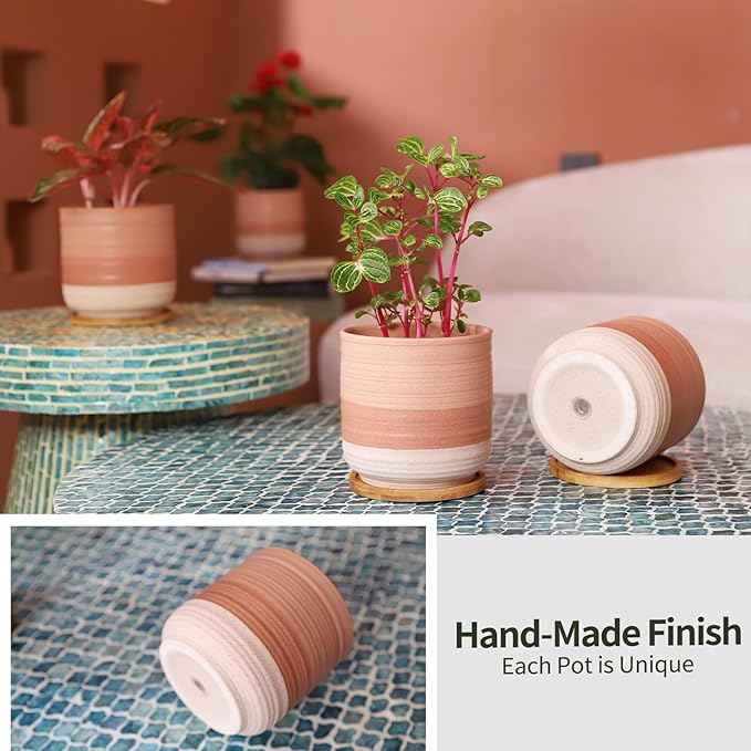 5.25 Inch Ceramic Planter Pot for Indoor Plants with Drainage Holes, Coarse Glazed Gradient Color Flower Planter Pots with Bamboo Saucer, for Succulent, Snake Plants, Cactus & Herbs, Set of 4